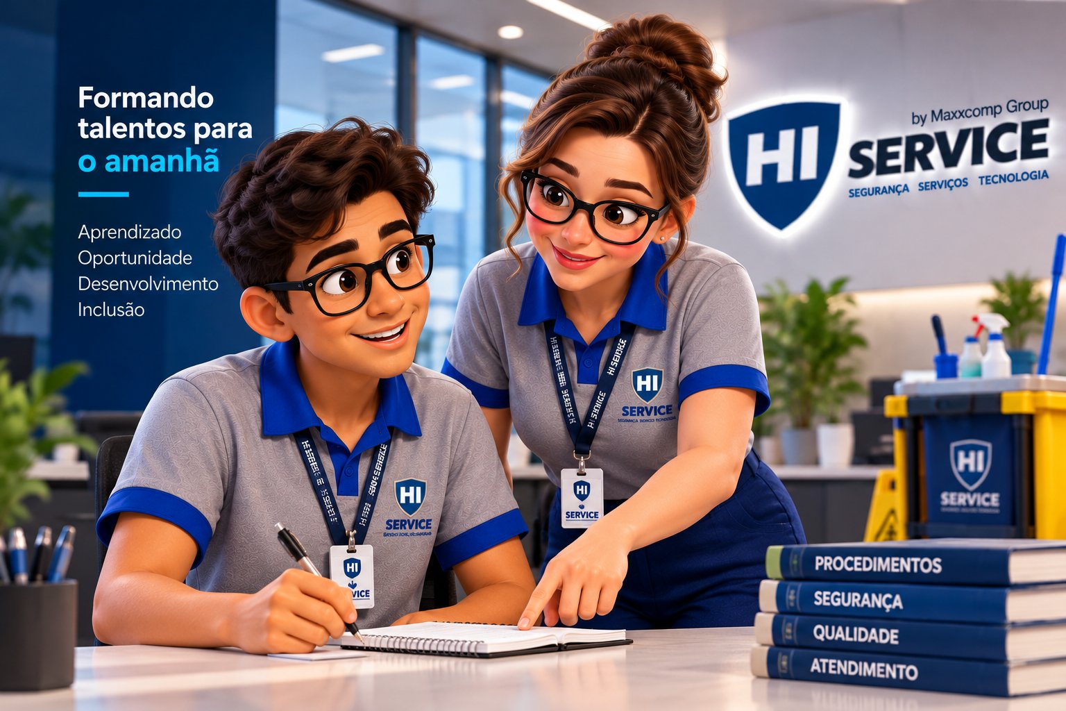 Jovem aprendiz da Hi-Service fazendo anotações enquanto recebe orientação de uma colaboradora