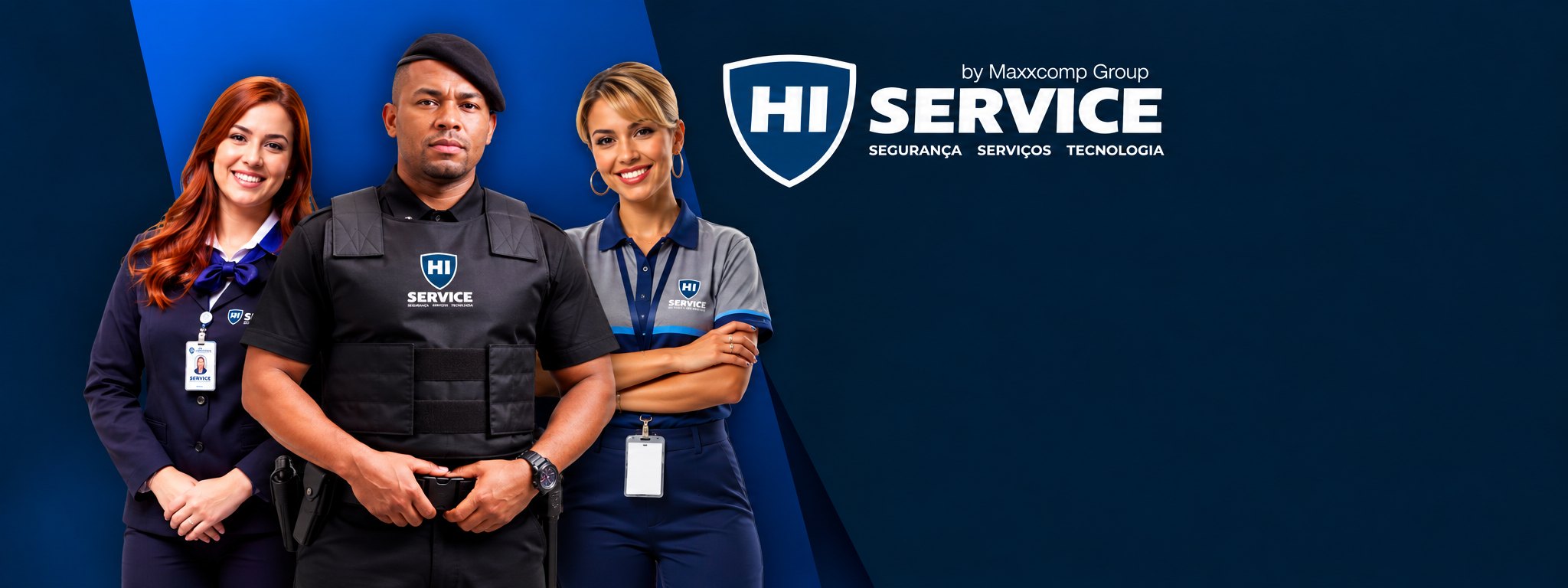 Colaboradores da Hi-Service uniformizados: recepcionista, vigilante e auxiliar de serviços