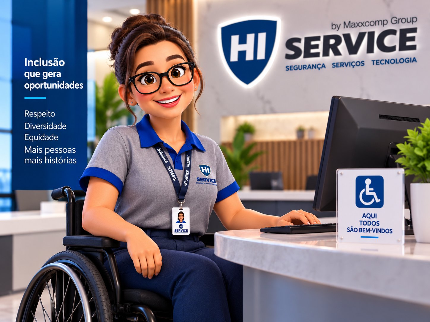Colaboradora da Hi-Service em cadeira de rodas trabalhando na recepção, com placa "Aqui todos são bem-vindos"
